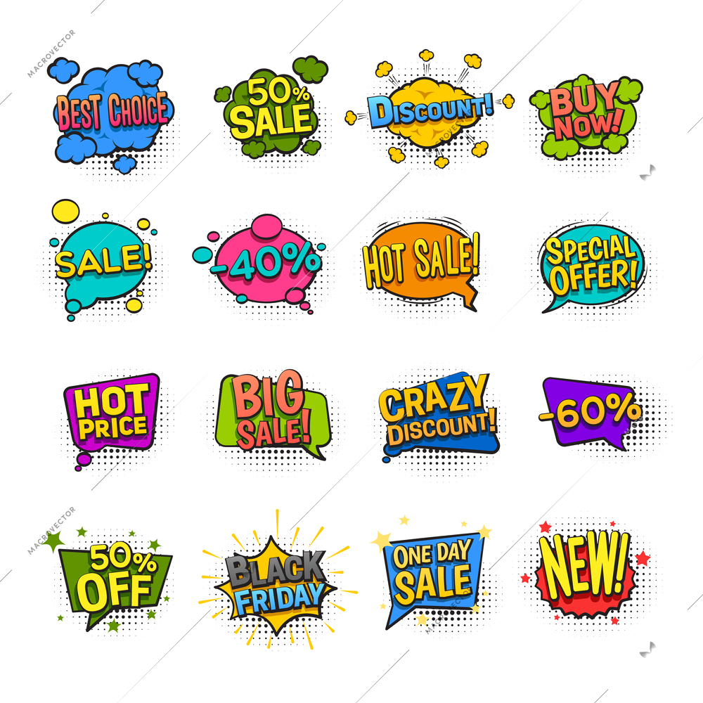 Sale comic icons set with discount symbols flat isolated vector illustration