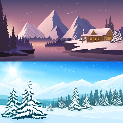 Winter landscape horizontal banners with house river mountains and trees in the day and night time vector illustration