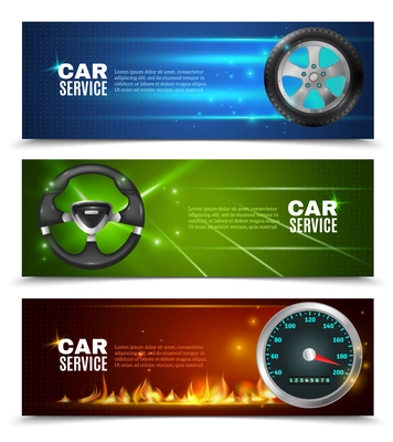 Car service horizontal banners with tire steering wheel and speedometer in realistic light style vector illustration