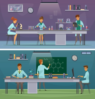 Scientists and laboratory assistants working in lab and office 2 horizontal retro cartoon banners isolated vector illustration