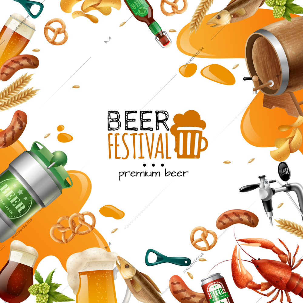 Beer festival template with can crisps potato glasses barrel mug pretzel lobster wheat bottle opener vector illustration