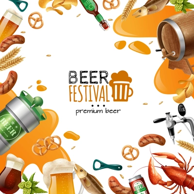 Beer festival template with can crisps potato glasses barrel mug pretzel lobster wheat bottle opener vector illustration