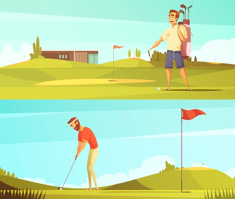 Golf players at course 2 horizontal retro cartoon banners set with red pin flag isolated vector illustration