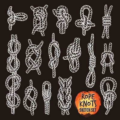 Rope knots collection with various bends and bows in sketch style isolated vector illustration