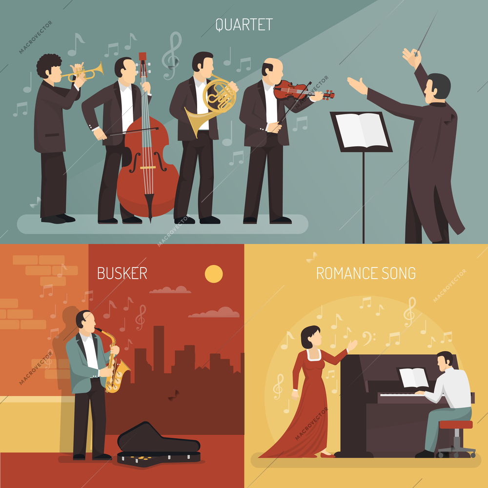 Musicians design concept set of quartet with conductor busker and romance song compositions flat vector illustration