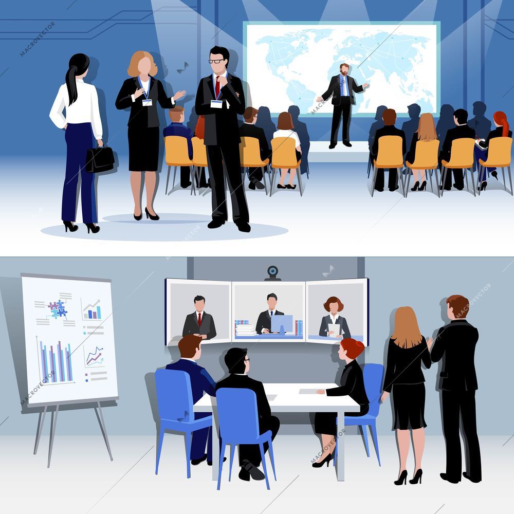 People meeting concept with conference  discussion brainstorming negotiation in flat style vector illustration