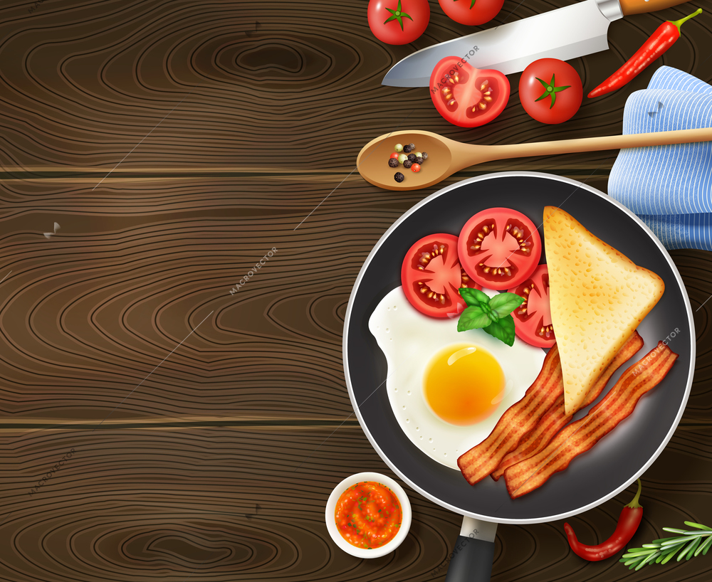 Breakfast in frying pan appetizing realistic top view image of egg bacon tomatoes dark wood background vector illustration