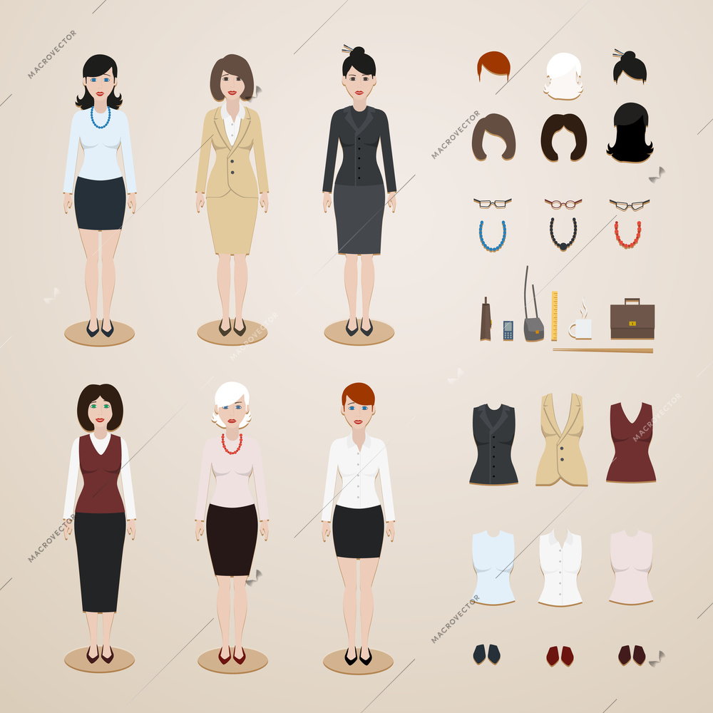 Pretty office women statuettes set vector illustration