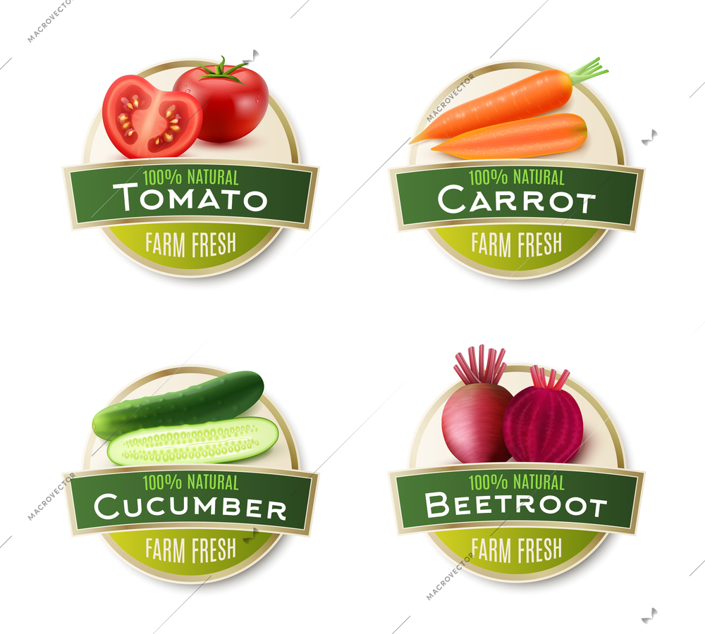 Organic farm fresh vegetables 4 round labels collection with ecological tomato carrot cucumber and beetroot isolated vector illustration