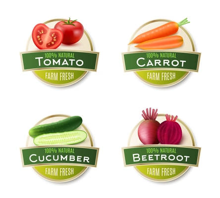 Organic farm fresh vegetables 4 round labels collection with ecological tomato carrot cucumber and beetroot isolated vector illustration
