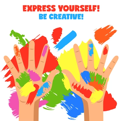 Creative art poster with painted colorful hands on white background flat vector illustration