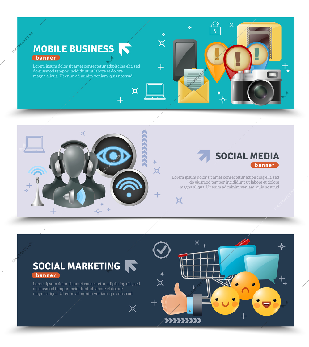 Social media horizontal banners with modern devices and elements used for communication and business vector illustration