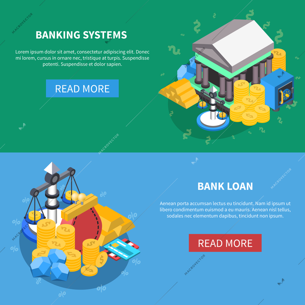 Banking systems and loan financial isometric icons webpage banners with read more button diagrams money scales coins bank symbols vector illustration