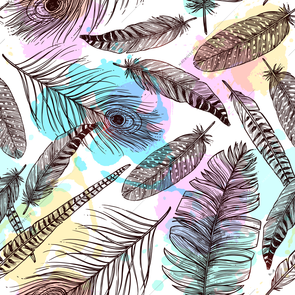 Hand drawn feathers seamless pattern with bird plumes and colorful painting stains vector illustration