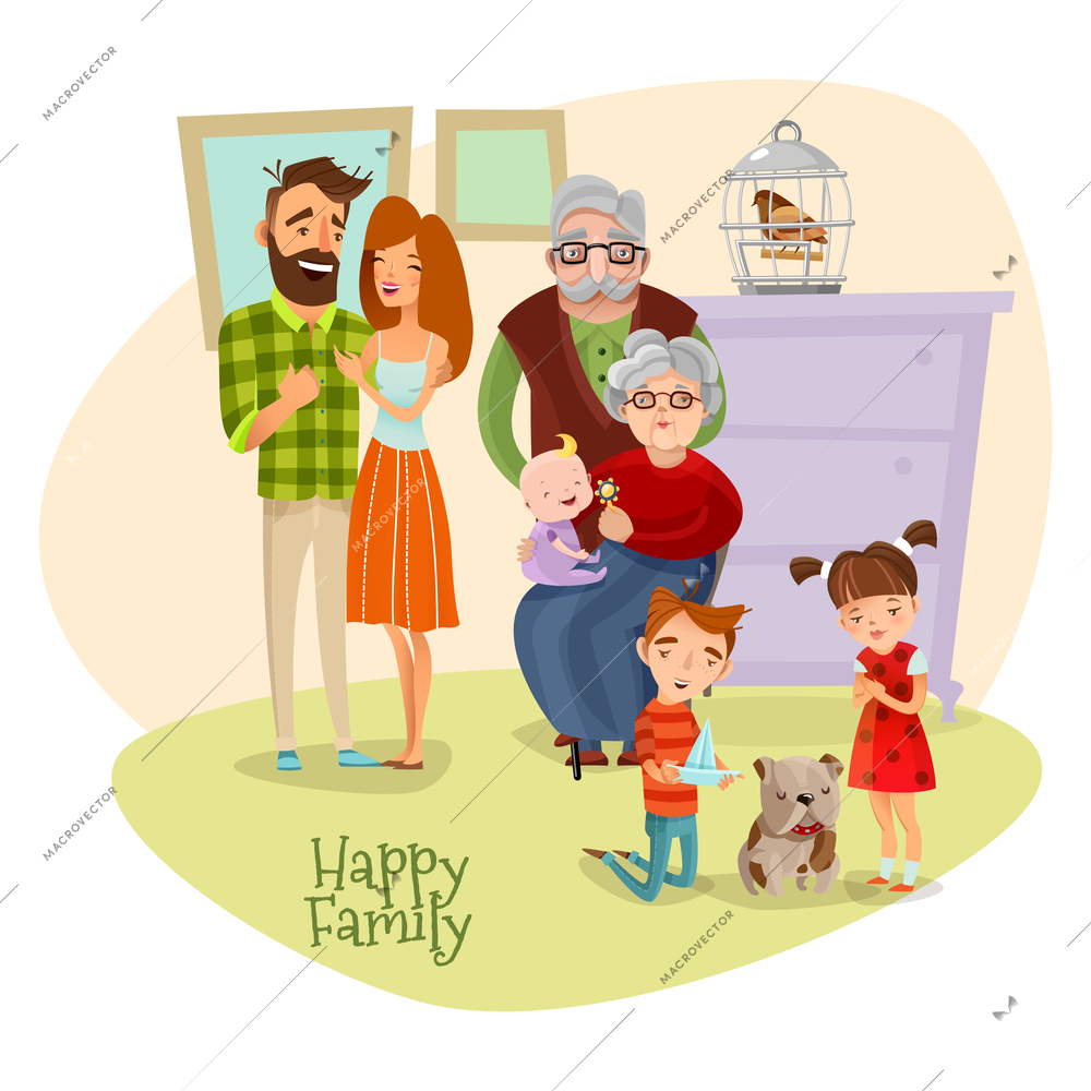 Happy family flat template with mother father son daughter grandmother grandfather baby and dog vector illustration