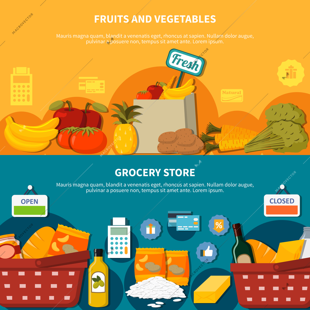 Food supermarket horizontal banners set with food symbols fruits and vegetables grocery store orange blue backround flat vector illustration