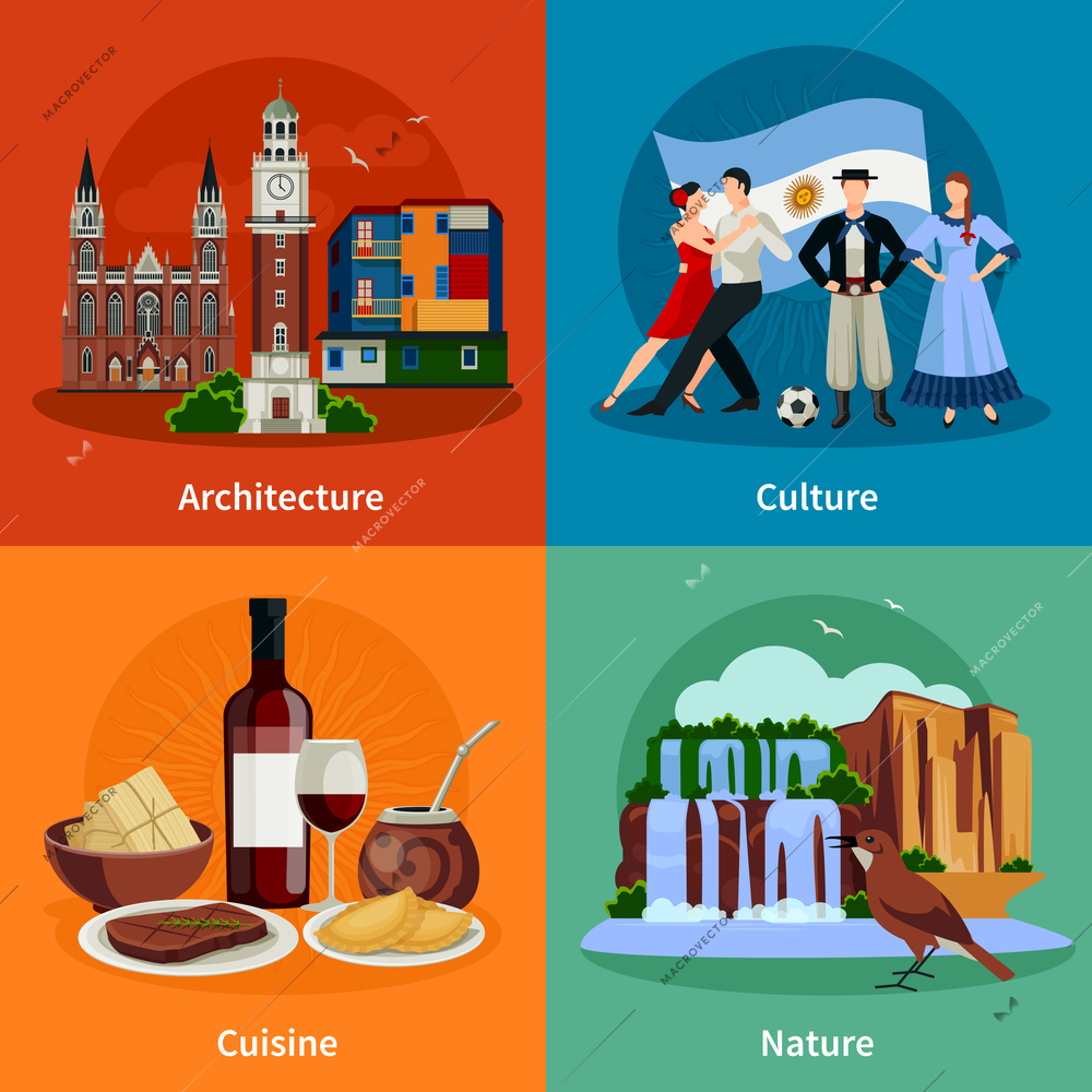 Argentina culture nature architecture and national cuisine dishes 4 flat icons square composition isolated vector illustration