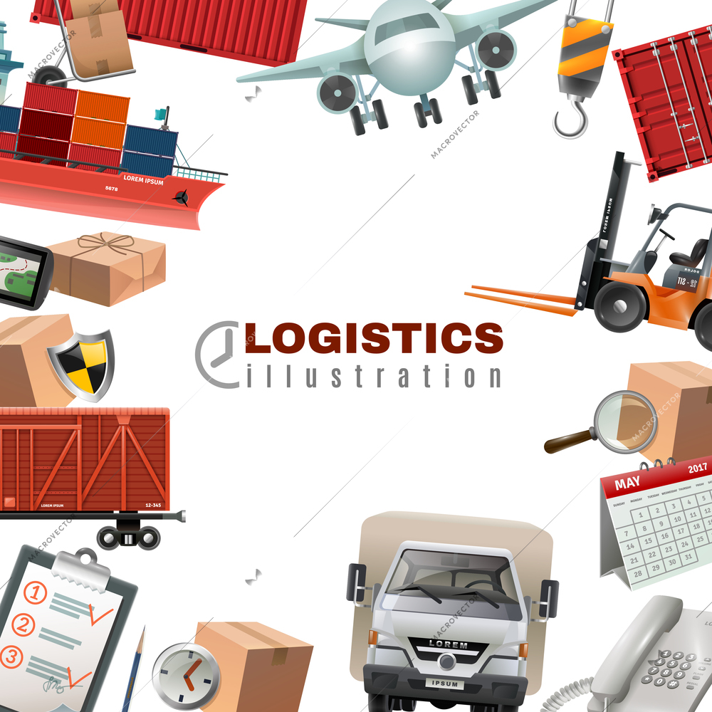 Logistics colorful template with truck airplane ship crane phone boxes notepad forklift on white background vector illustration