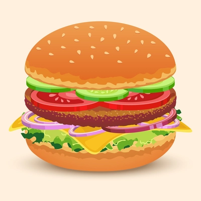 Hamburger sandwich with meat cheese tomato lettuce bun cucumber vector illustration