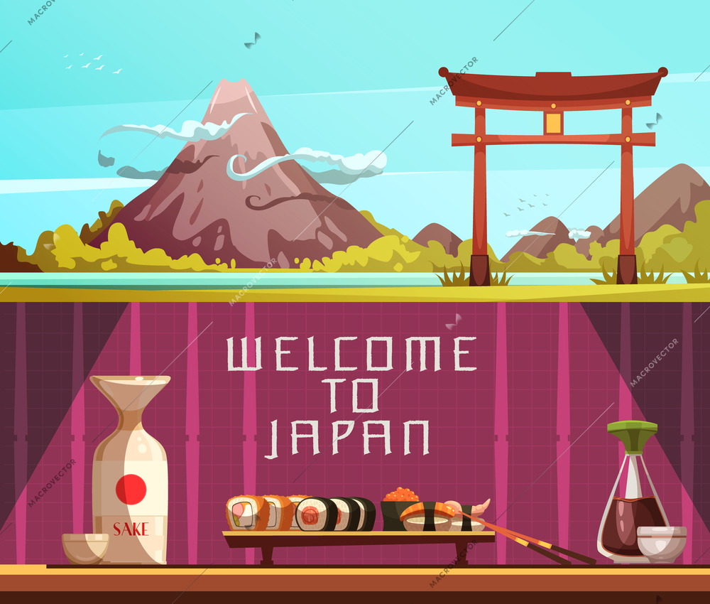 Japan for travelers 2 retro cartoon horizontal banners with pagoda fuji mountain and sushi isolated vector illustration