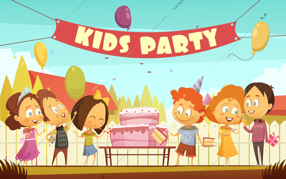 Kids party cartoon background with funny company of boys and girls celebrating birthday outdoors flat  vector illustration