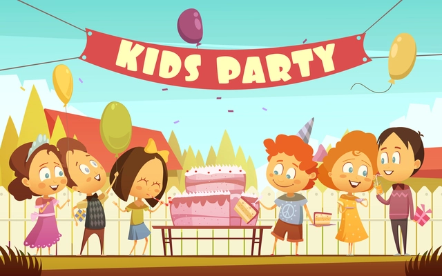 Kids party cartoon background with funny company of boys and girls celebrating birthday outdoors flat  vector illustration