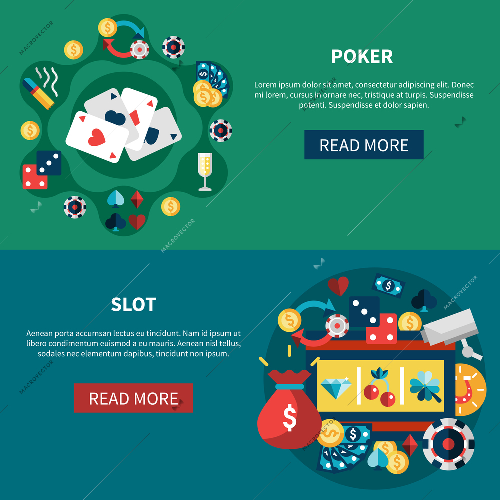 Casino horizontal banners set with poker slot game flat vector illustration