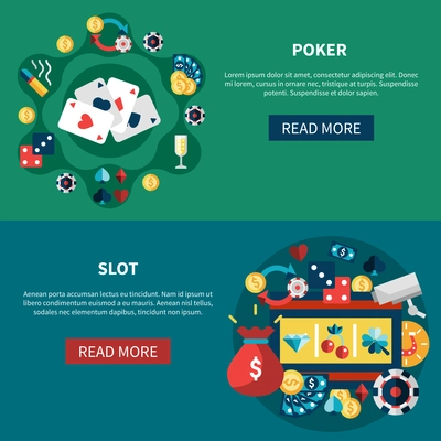 Casino horizontal banners set with poker slot game flat vector illustration