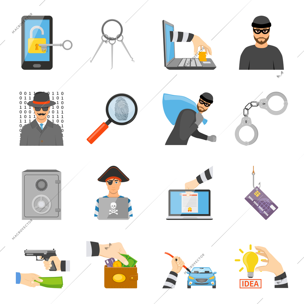 Theft icons set of information idea property money stealing in flat style isolated vector illustration