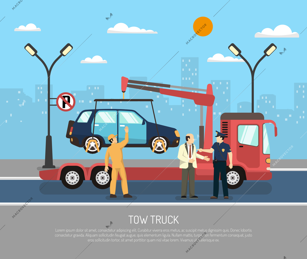 Tow truck evacuating car from towaway zone on cityscape background flat vector illustration