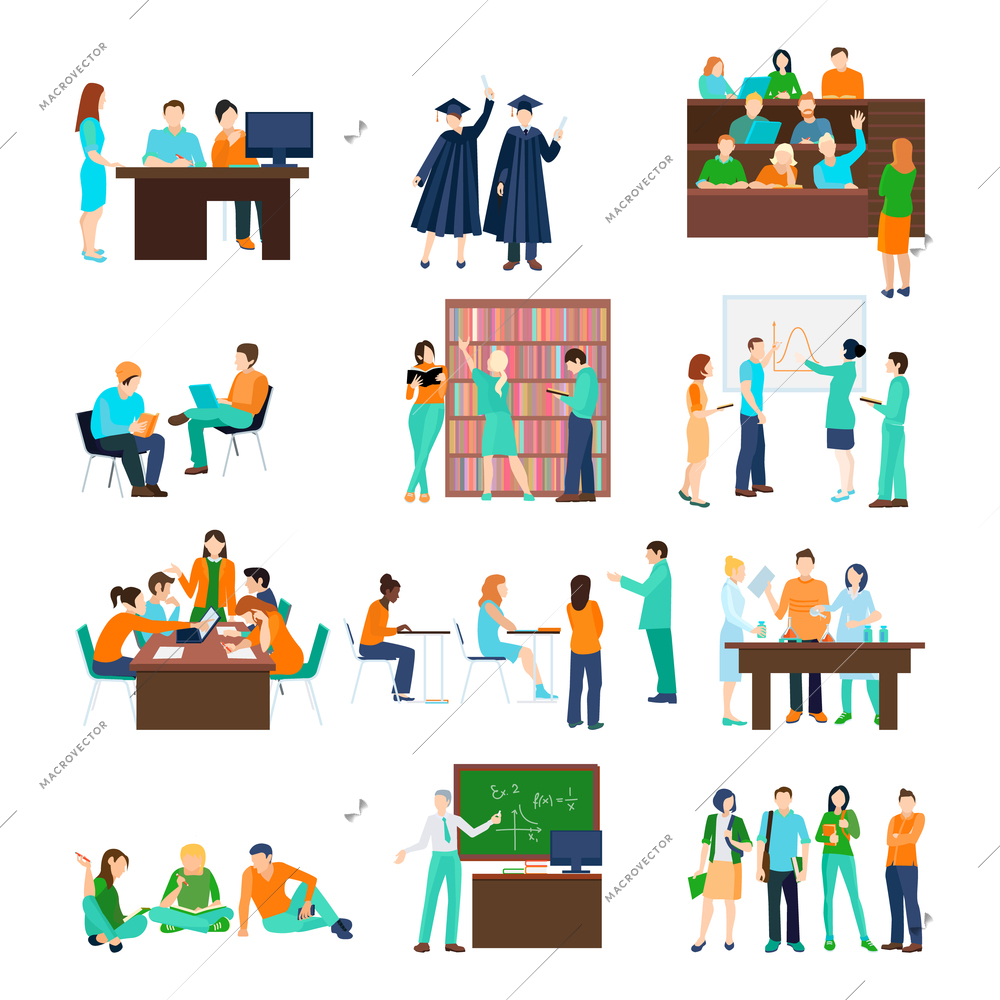 Higher education person set of students in different situations in flat style isolated vector illustration