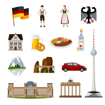 Germany flat icons collection with traditional elements symbols and main sights of country isolated vector illustration