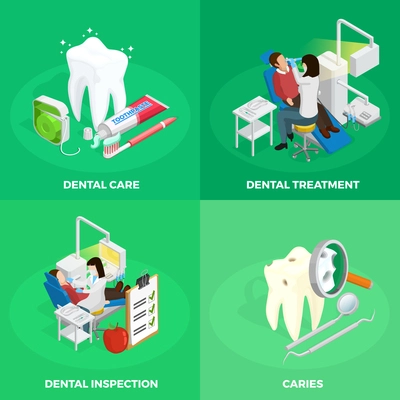 Stomatology isometric concept with dentist healthy and ill tooth medical checkup instruments on green background isolated vetor illustration