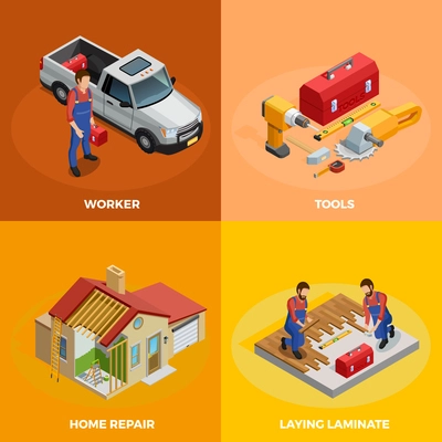 Home improvement isometric template with foreman instruments building construction and floor repair isolated vector illustration