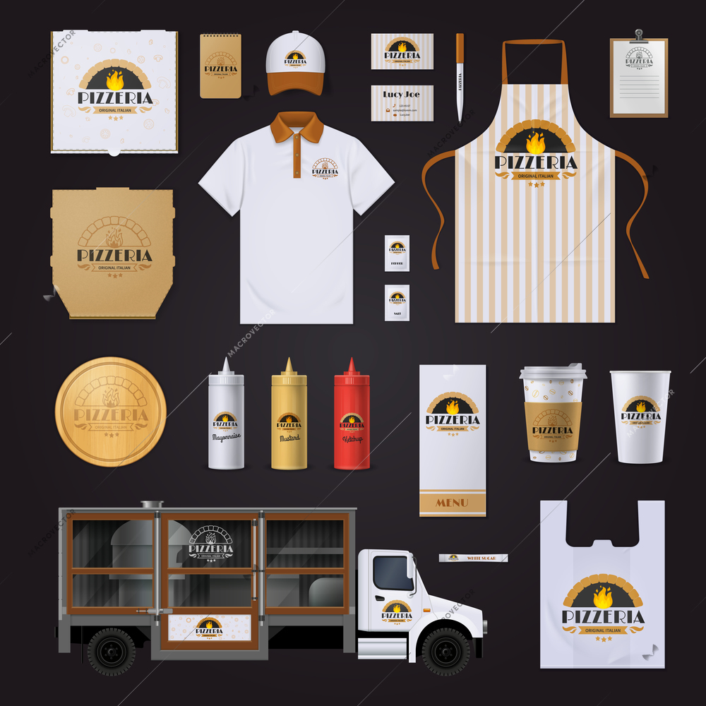 Pizza restaurant chain corporate identity templates samples collection with polo apron bags on black background vector illustration