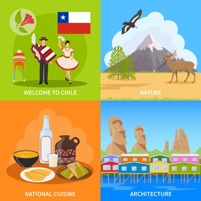 Chile 2x2 design concept set of nature architecture national cuisine and costume flat compositions vector illustration