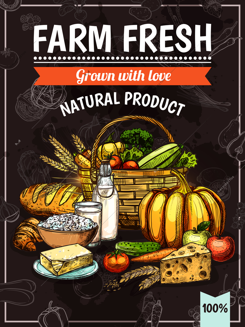 Farm products poster with healthy vegetables fruits milk cheese and bread vector illustration