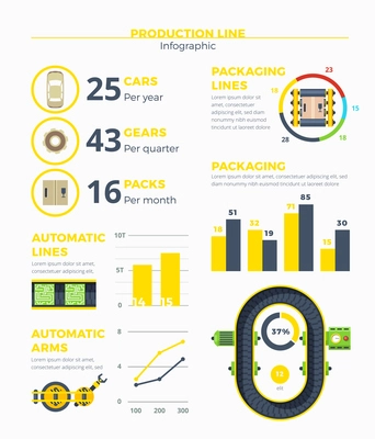 Production line infographics with products and packs statistics effectivity of automatic lines and arms flat vector illustration