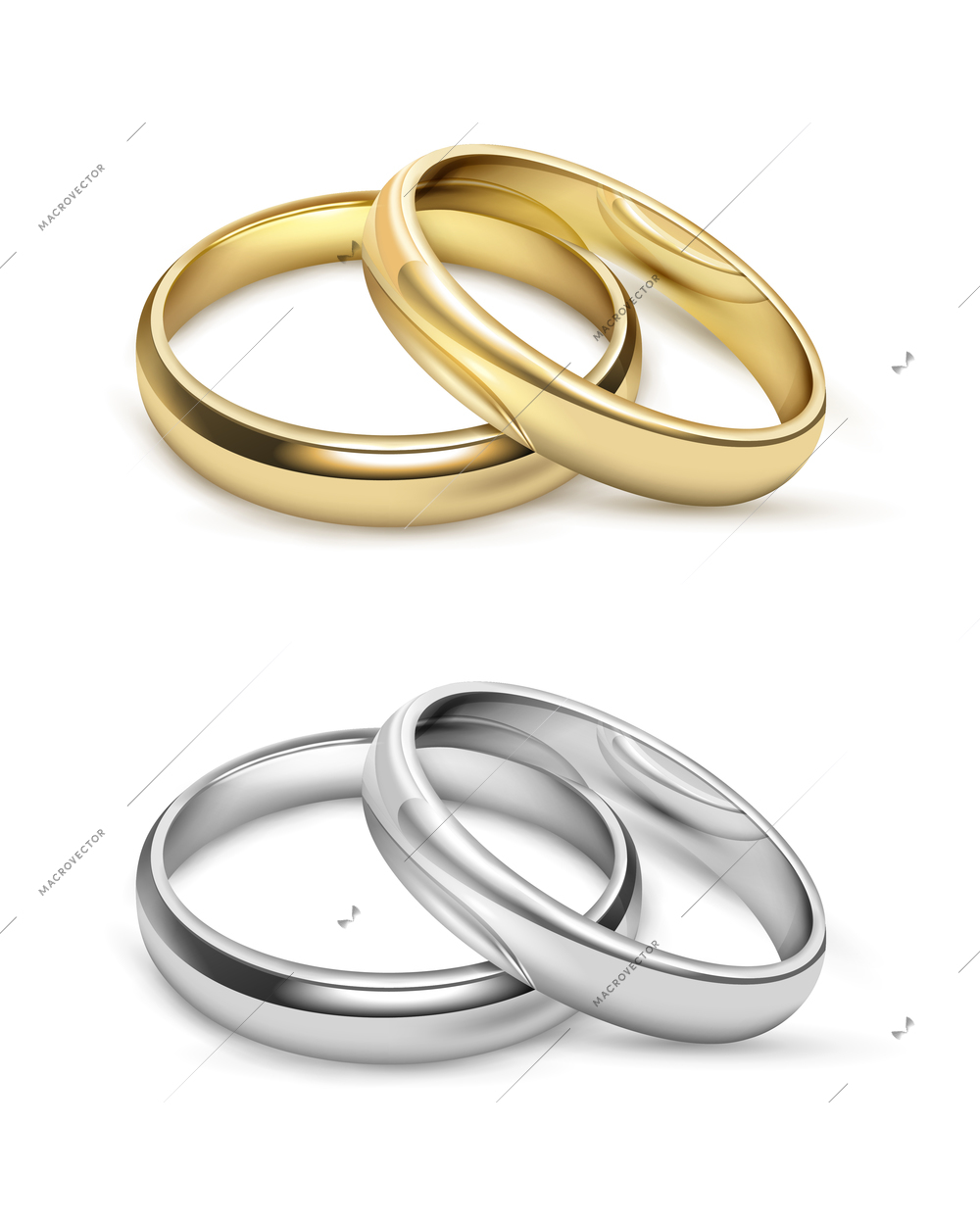 Symbolic wedding objects with gold and silver metal rings in realistic style isolated vector illustration