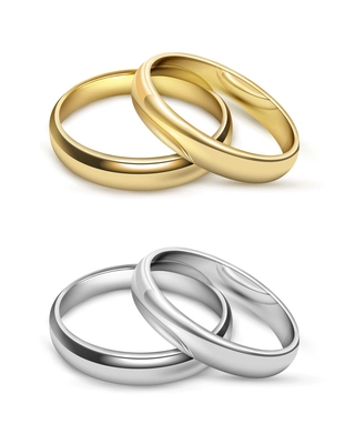 Symbolic wedding objects with gold and silver metal rings in realistic style isolated vector illustration