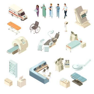 Isometric hospital icons set with different medical equipment doctors and nurses isolated on white background vector illustration