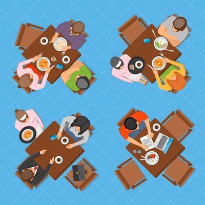 Professions top view design composition with business people working eating and talking in restaurant or cafe flat vector illustration