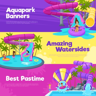 Aquapark horizontal banners with different water slides hills tubes and pools in colorful style vector illustration