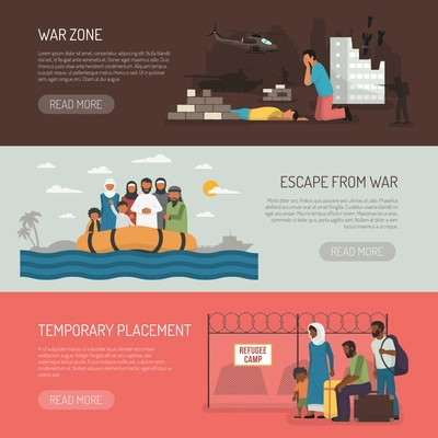 Horizontal immigration banners set of temporary placement and war zone compositions flat isolated vector illustration