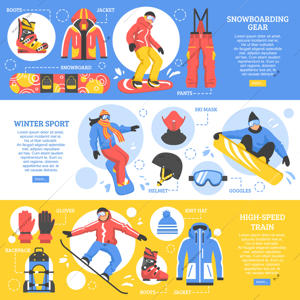 Snowboarding horizontal banners with advertising of gear and tools for extreme winter sports flat vector illustration