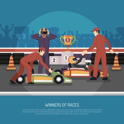 Karting motor race winner and another driver after tournament flat vector illustration