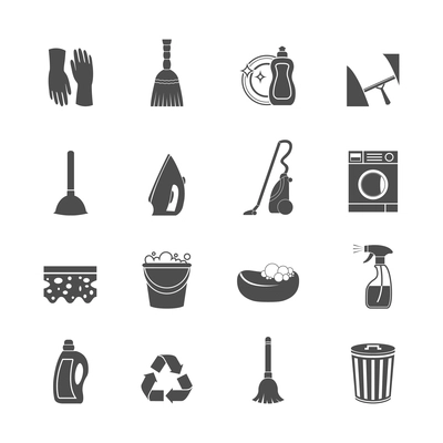 Cleaning washing housework icons set of mop vacuum cleaner bucket sponge isolated vector illustration