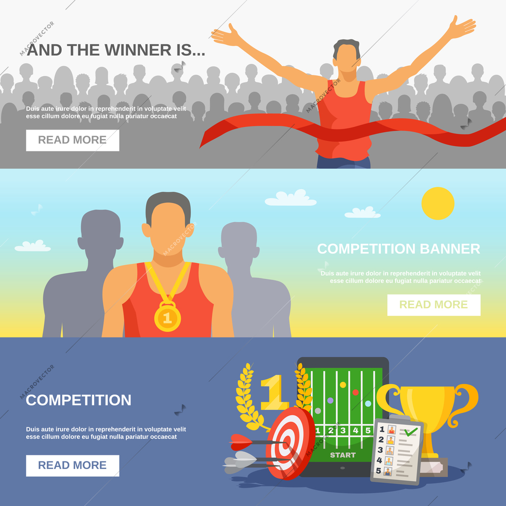 Competition horizontal banners with champion awarded ceremony and sports reward and elements in flat style vector illustration