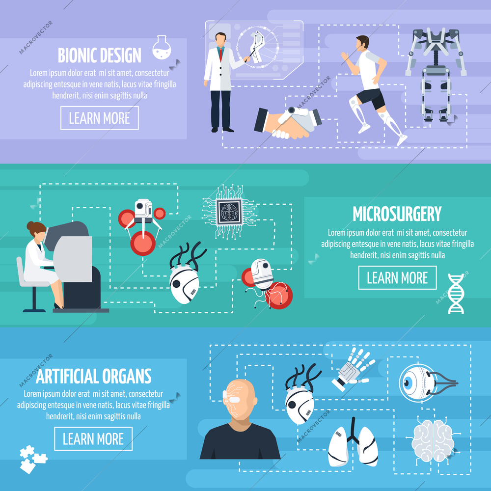 Bionic technology horizontal banners with different innovations and inventions in biomedical science in flat style vector illustration