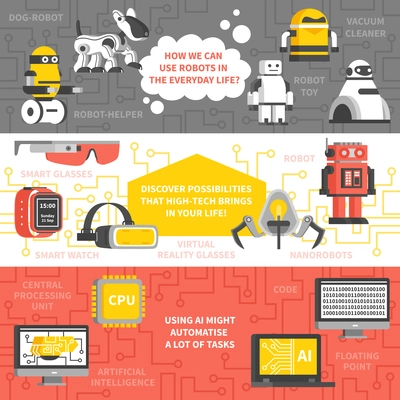 Artificial intelligence horizontal banners with signs of domestic robots nanorobots and devices for virtual reality technology flat vector illustration